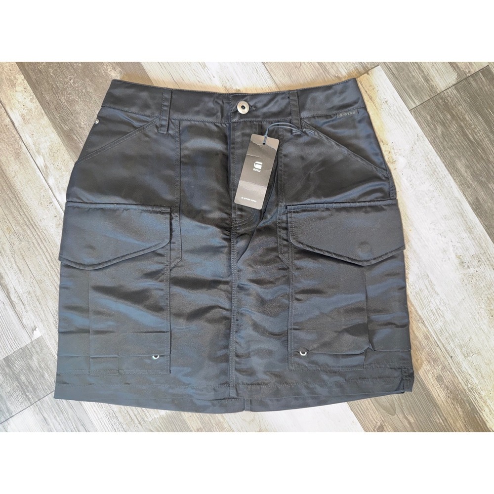 G-Star Raw Cargo Skirt Women Black Utility Mini Satin Finish NWT Size 26